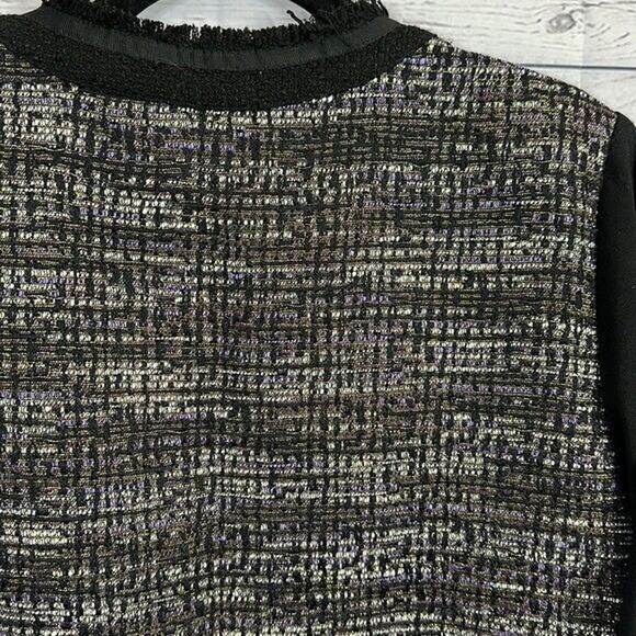 Chicos Blazer Jacket Medium Black Purple Tweed Fringe Metallic Open Textured - Picture 5 of 7